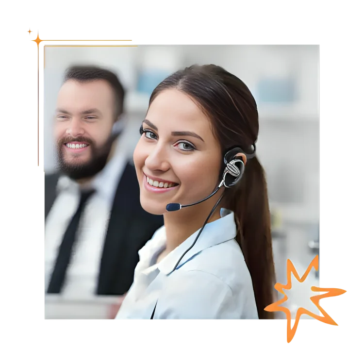 A smiling woman in a headset, providing customer service for banks, with a man assisting in the background