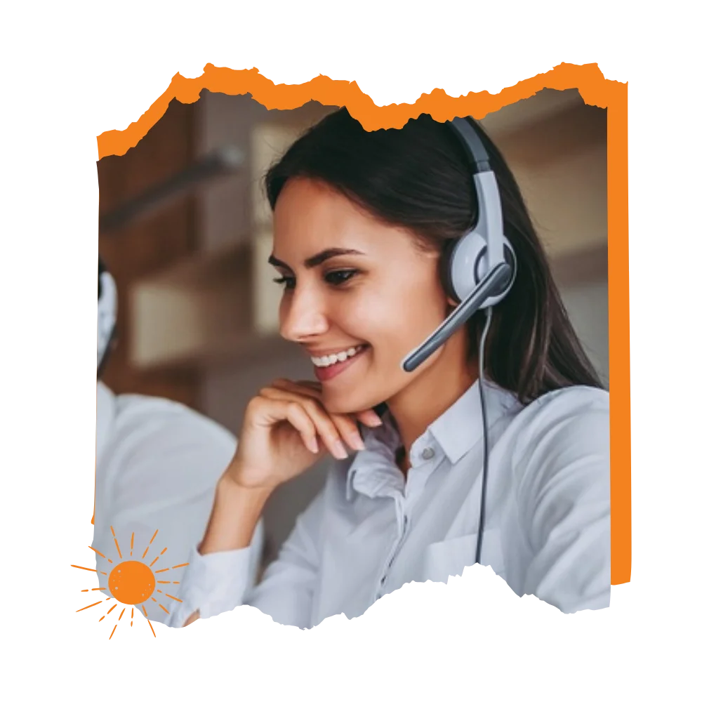 Call center agent with headset providing answering service for digital marketers, ensuring effective communication