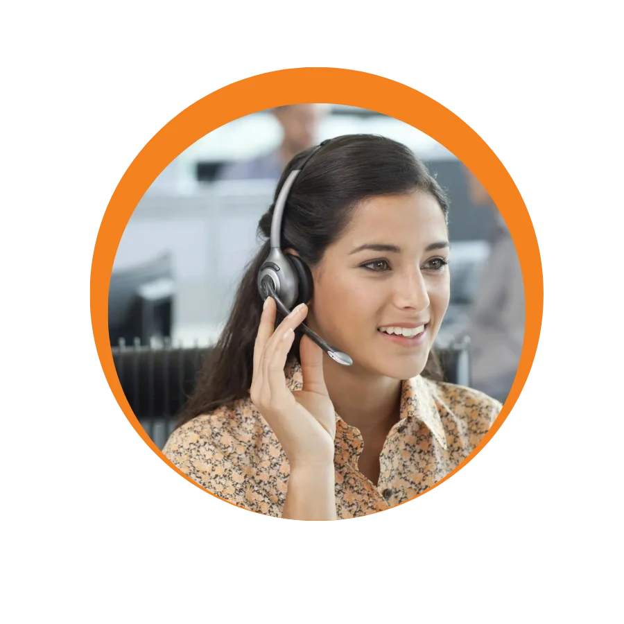 In an office, a woman with a headset is engaged in an answering service for HVAC support