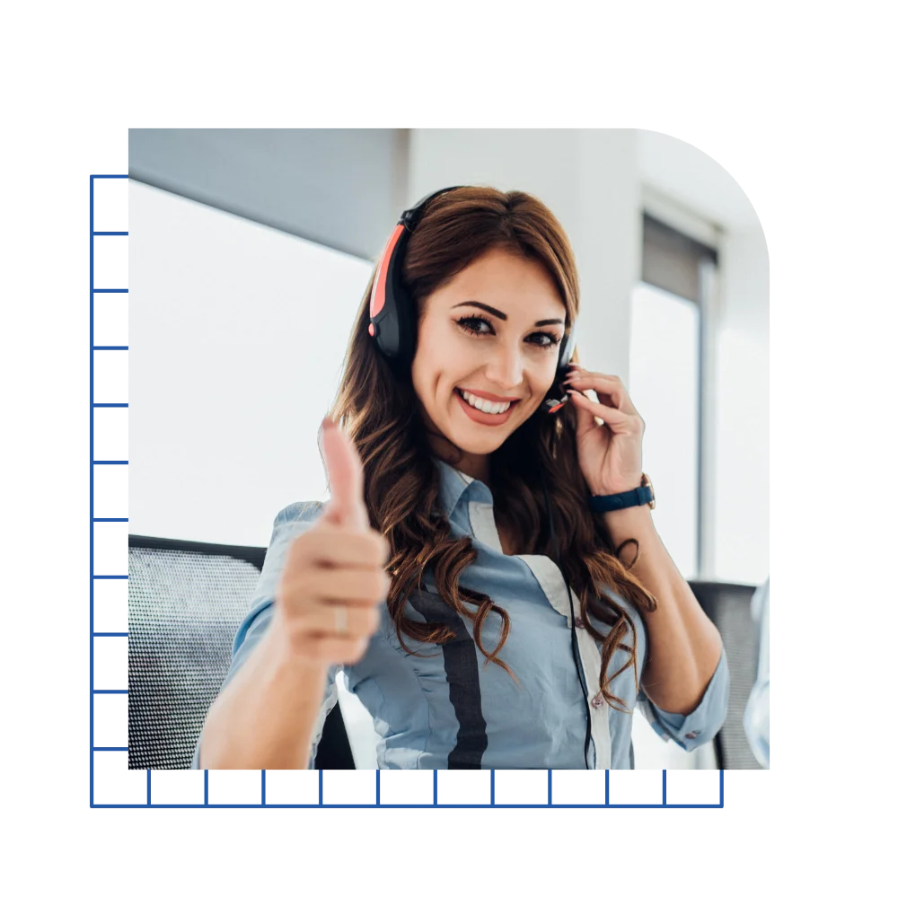 A woman with headphones gives a thumbs up, representing a positive answering service for healthcare