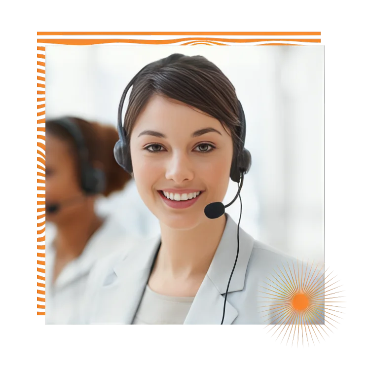 A cheerful woman wearing a headset, representing an IT support answering service with a welcoming smile