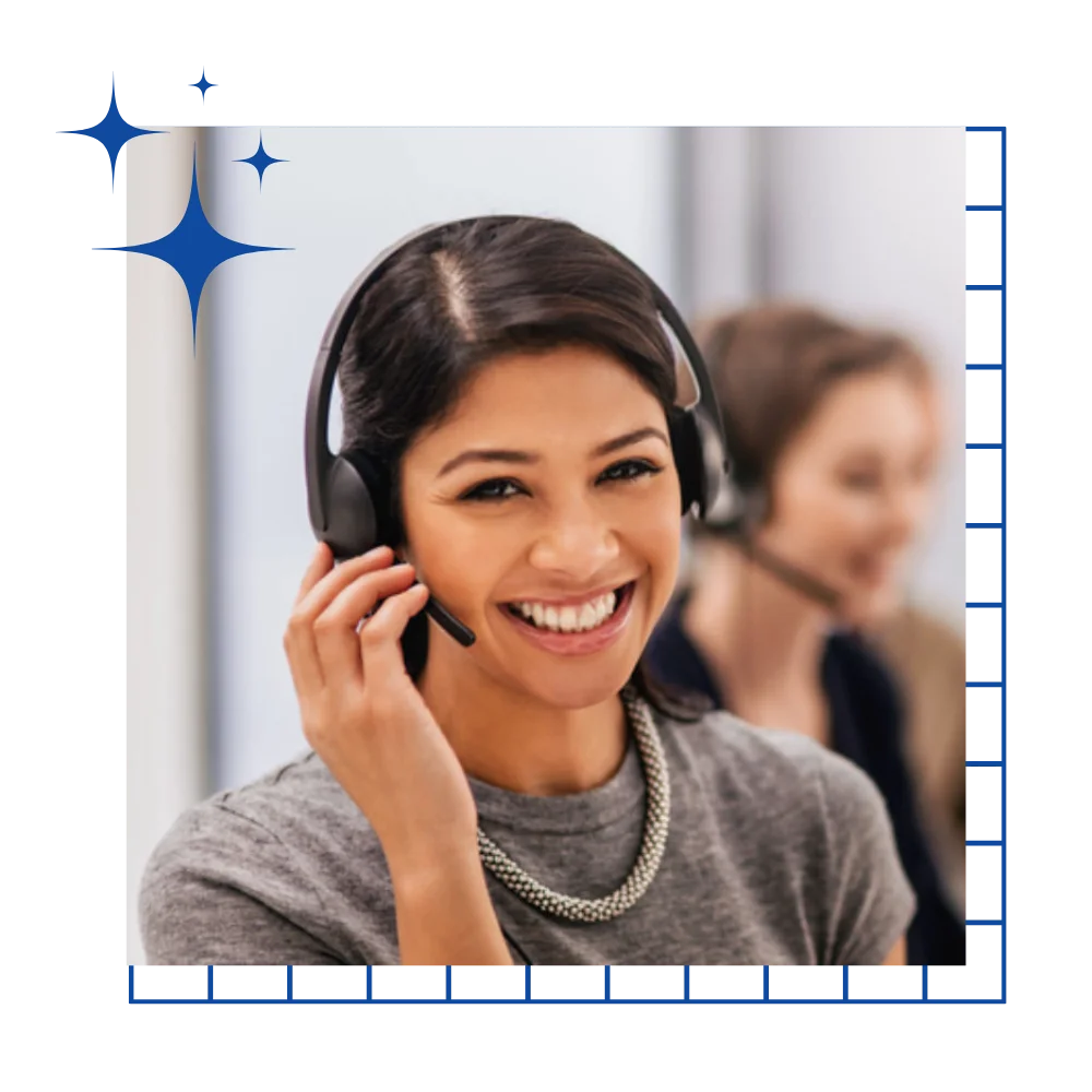 A happy woman with a headset in a call center, expertly handling mortgage broker answering service inquiries