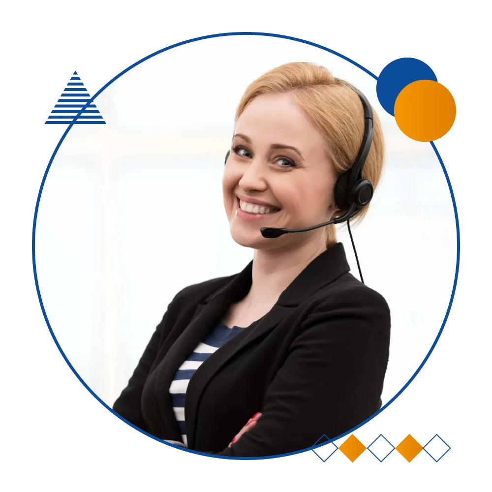 A happy woman wearing a headset, illustrating a call center focused on physician answering service support