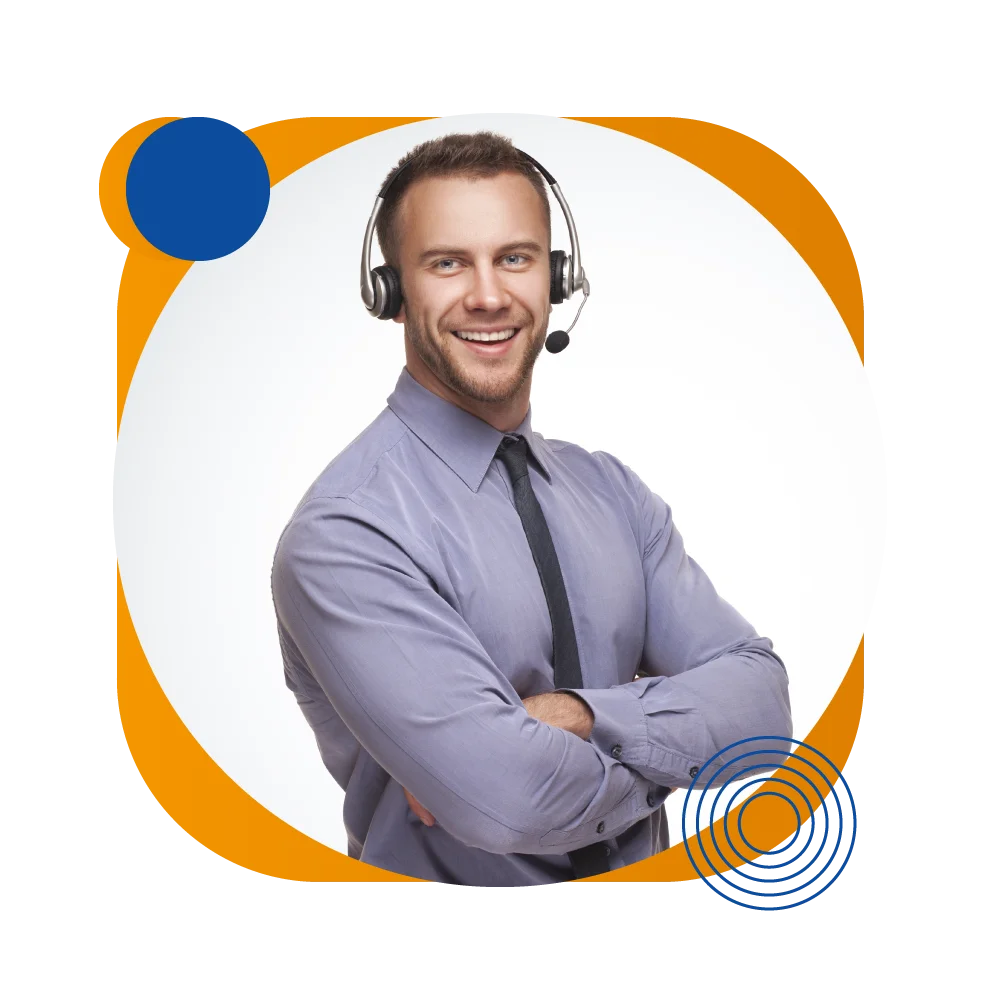 A smiling man in a headset, representing a plumbing answering service, ready to assist customers with their inquiries