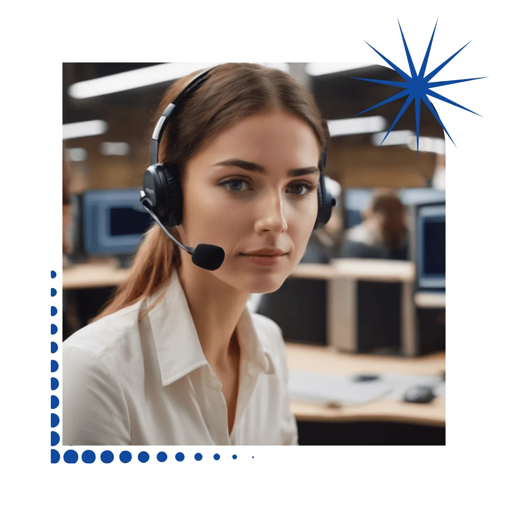 A woman in an office wearing a headset, engaged in a retail answering service, providing customer support