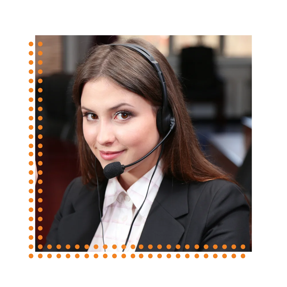 A woman with a headset communicates via phone, showcasing the capabilities of a SaaS answering service