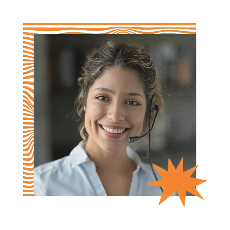 Call center agent wearing a headset, surrounded by an orange starburst design, conveying energy and enthusiasm in their work