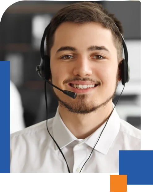 A professional call center agent at their desk, using a headset to communicate effectively with clients over the phone