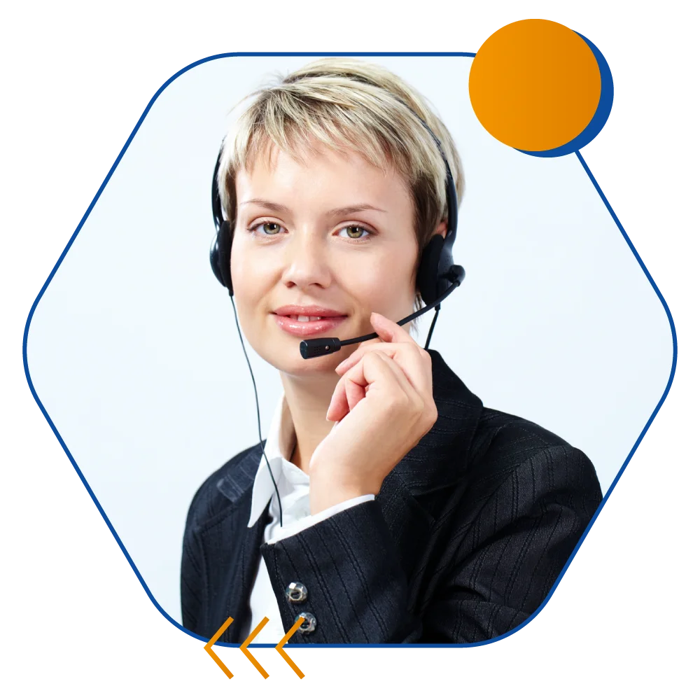 A woman wearing a headset, actively speaking on the phone, representing a focused and professional work environment