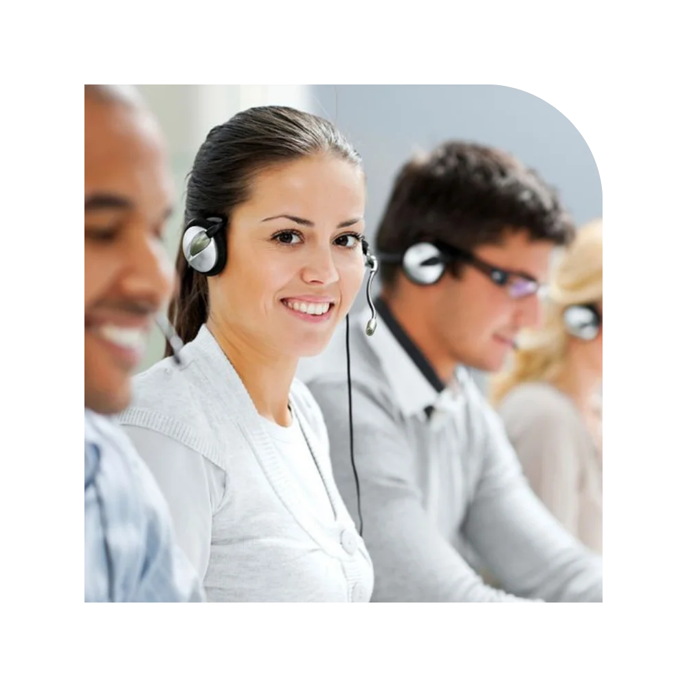 A team of call center agents, equipped with headsets, collaborating and communicating in a dynamic office space