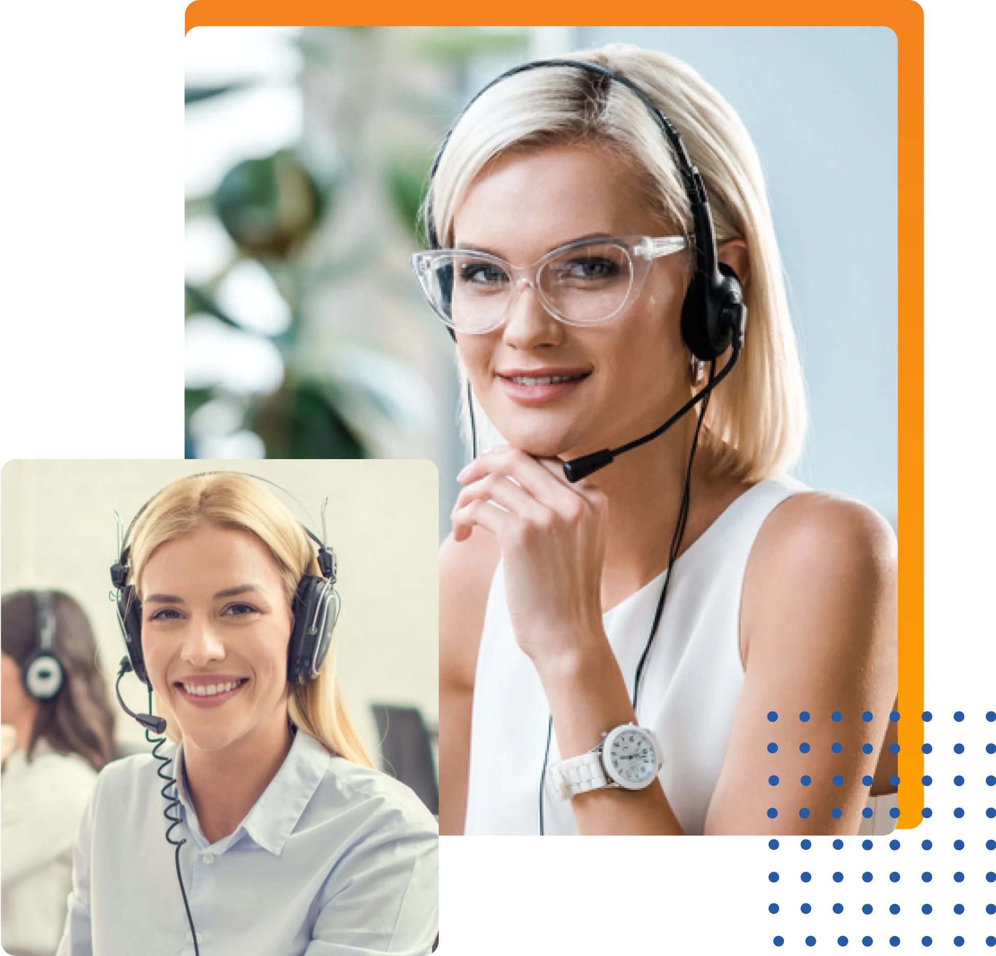 Two smiling women wearing headsets, engaged in conversation in a professional office setting