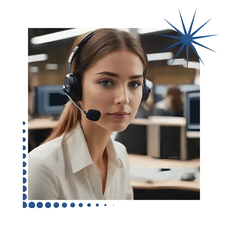 A woman wearing a headset, focused on her work in a modern office environment