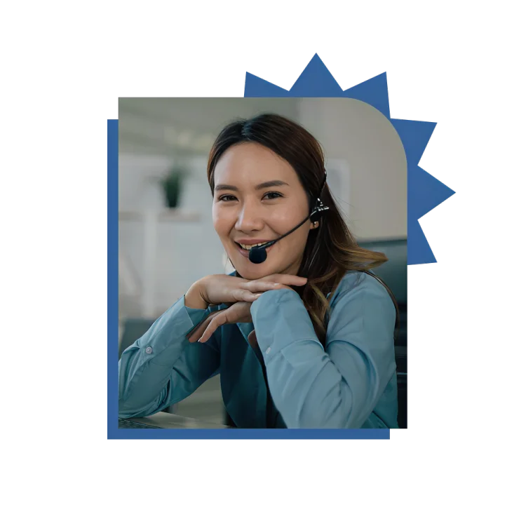 A smiling woman in a headset, conveying friendliness and readiness to assist in a customer service environment