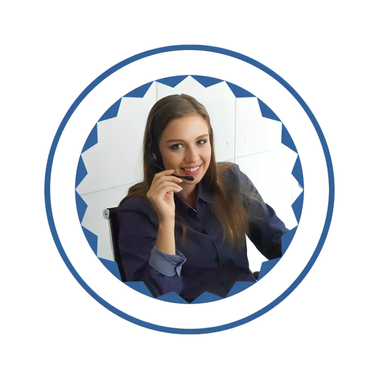 A woman speaks on the phone, adorned in a blue and white circular pattern, conveying a sense of engagement and style