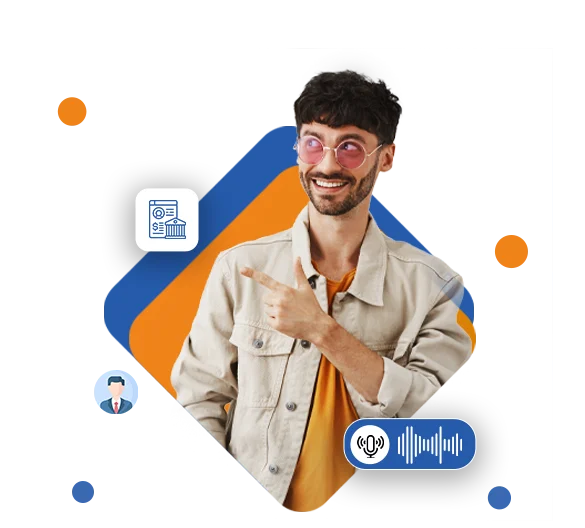 A man with a smiling face, featuring a blue and orange square, representing an accounting firms answering service