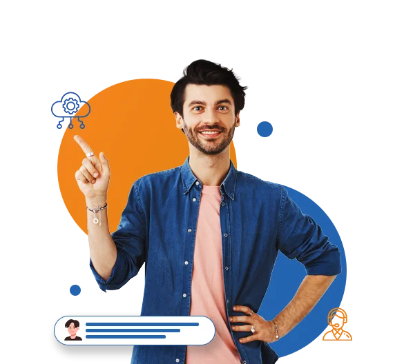 Man pointing to a chat icon, representing a software provider answering service for effective communication