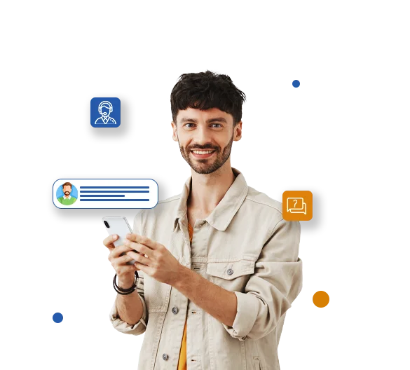 Man holding a smartphone displaying social icons, representing an automotive answering service for seamless communication