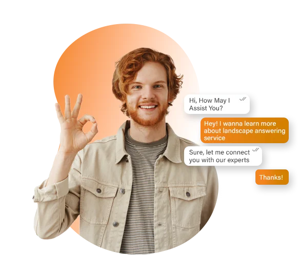 A man with a text bubble on his face, representing a landscaping answering service in a creative visual format