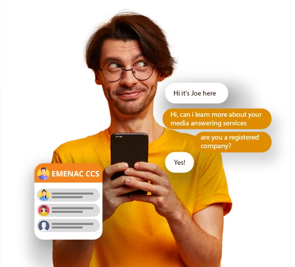 A man wearing glasses is holding a smartphone, illustrating a Media & Marketing answering service scenario