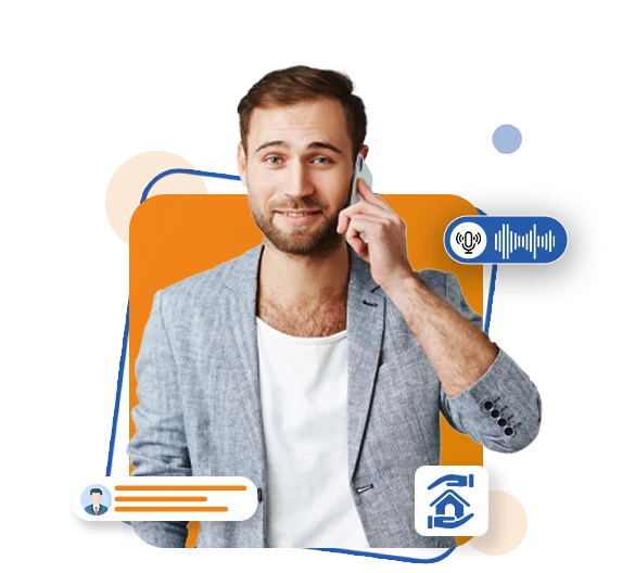 A man speaking on the phone in a mortgage broker call center, surrounded by communication icons representing his work