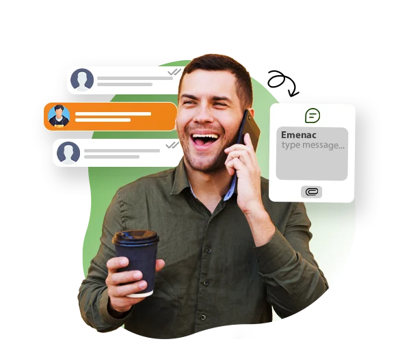 Man on phone with chat bubbles, representing a veterinary answering service for pet owner inquiries